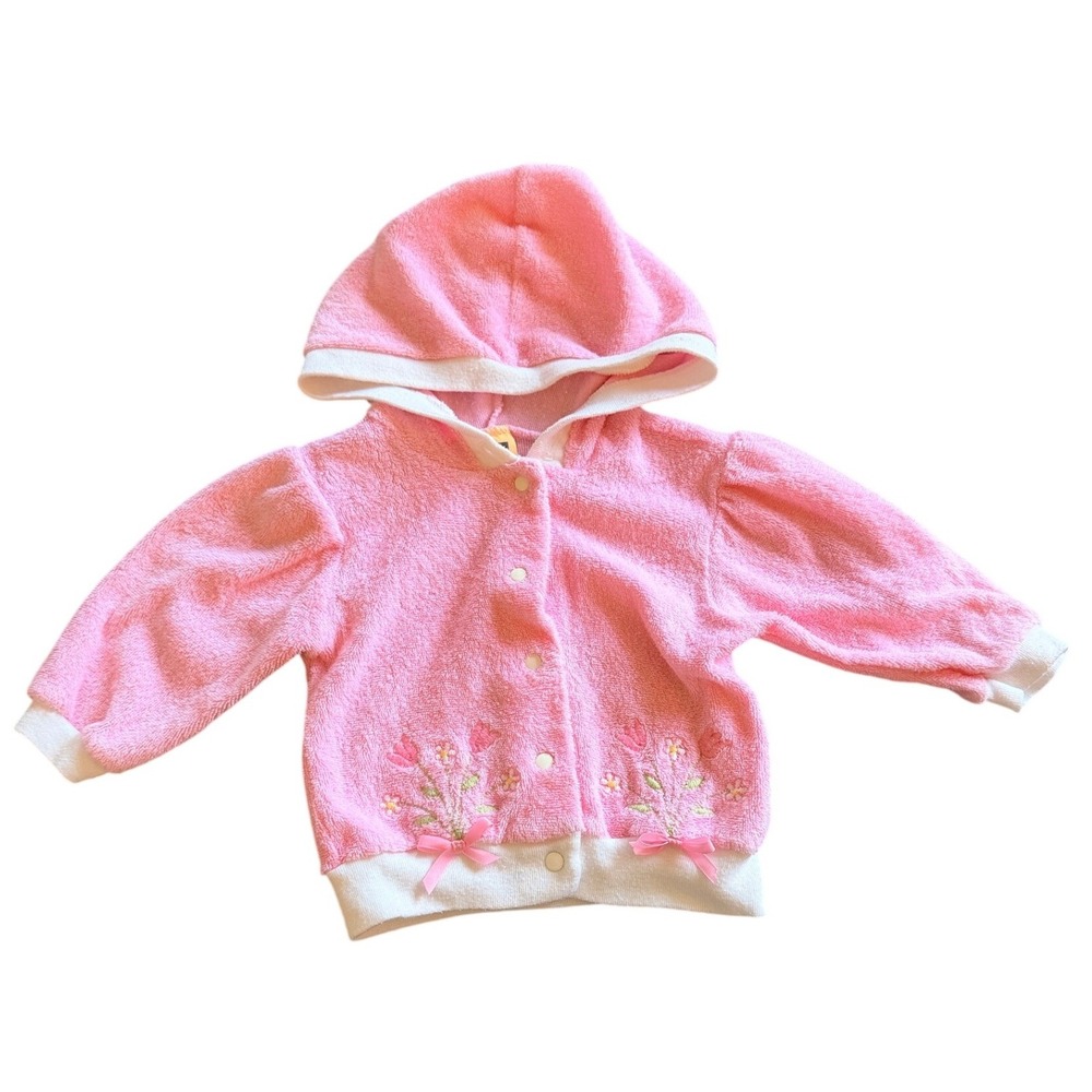Vintage Carters Pink Terry Cloth Hooded Cardigan Floral Embroidered 9M Made USA